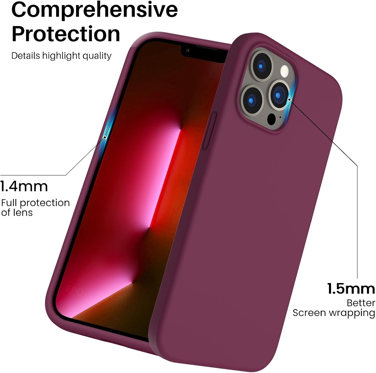 Shockproof Liquid Silicone Designed for Iphone 13 Pro Max Case 6.7", Gel Rubber Comprehensive Protection Anti-Shock Cover Drop Protection 6.7Inch-Wine Red