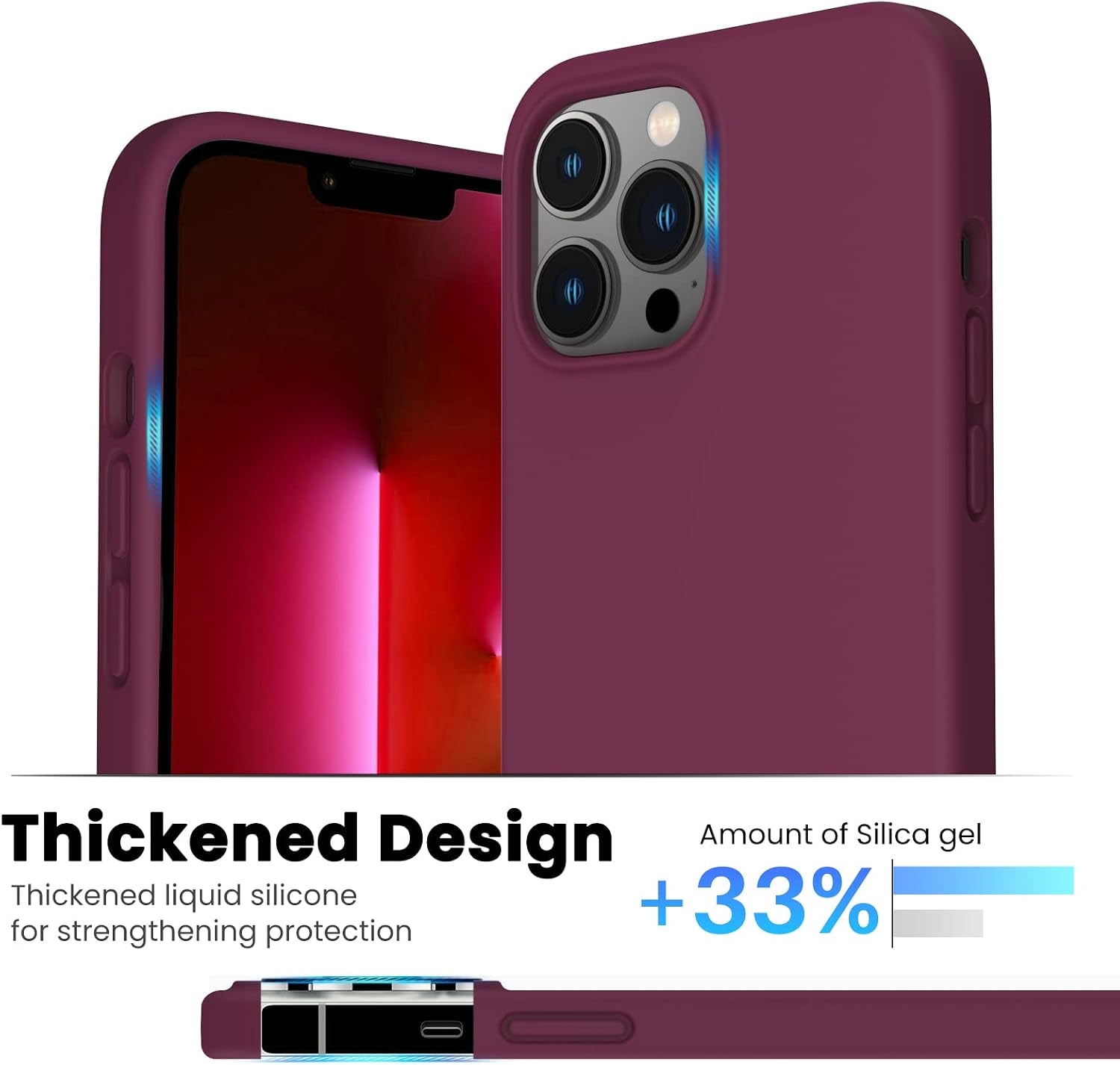 Shockproof Liquid Silicone Designed for Iphone 13 Pro Max Case 6.7", Gel Rubber Comprehensive Protection Anti-Shock Cover Drop Protection 6.7Inch-Wine Red
