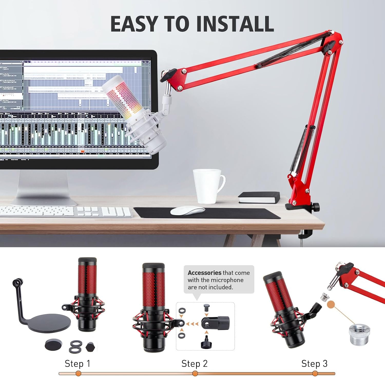 Hyperx Quadcast Boom Arm - Upgraded Red Boom Arm with Windscreen, Sound Insulation and Noise Reduction, Hyperx Quadcast Microphone Arm with 3/8" to 5/8" Adapter