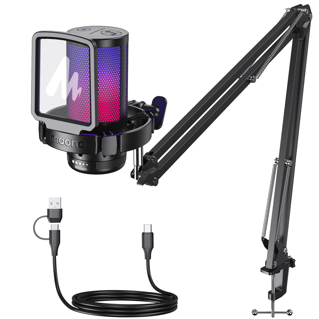 DGM20S USB Microphone Gaming Mic Condenser Mic RGB USB Mic with Mic Gain and Noise Reduction Software for Gaming Recordin