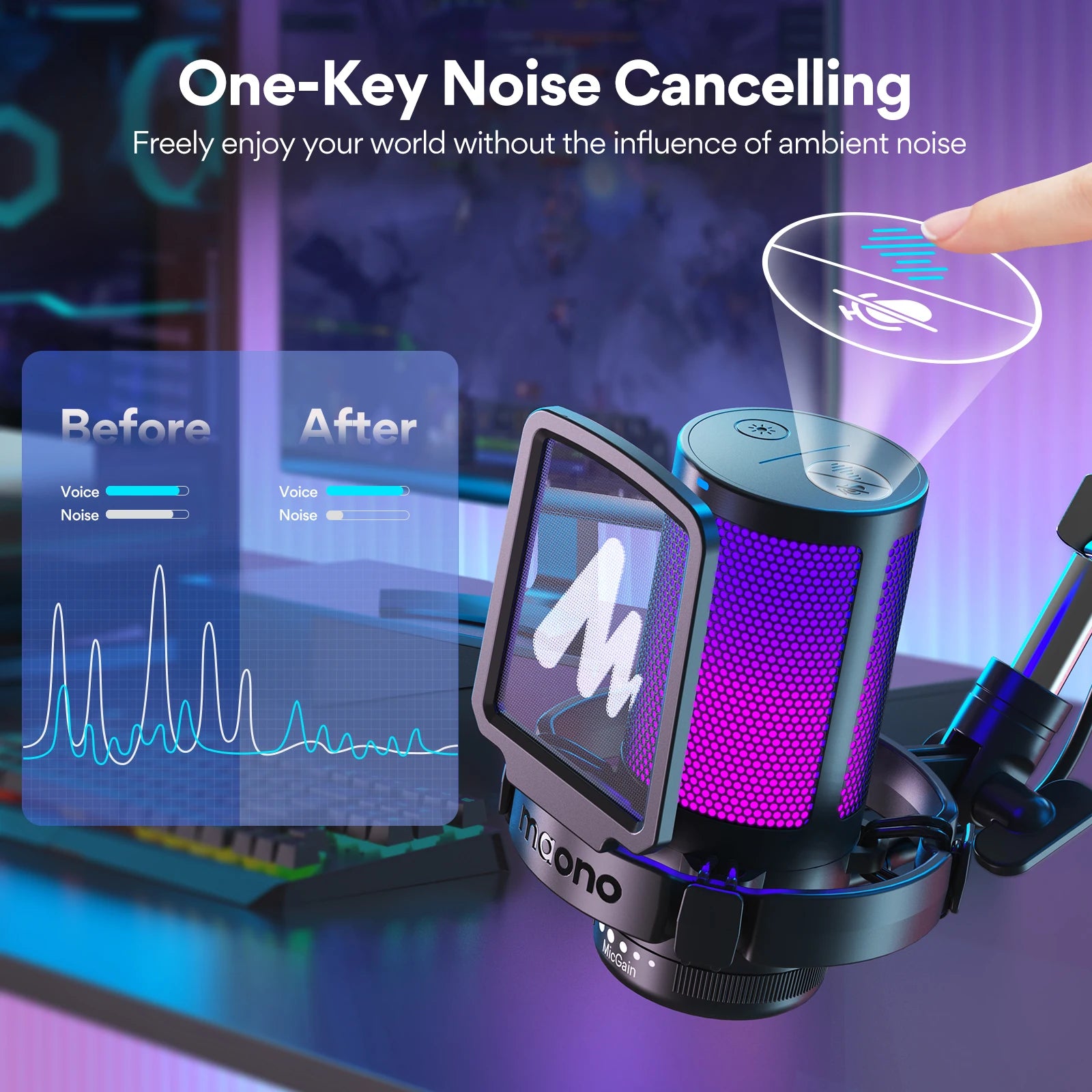 DGM20S USB Microphone Gaming Mic Condenser Mic RGB USB Mic with Mic Gain and Noise Reduction Software for Gaming Recordin