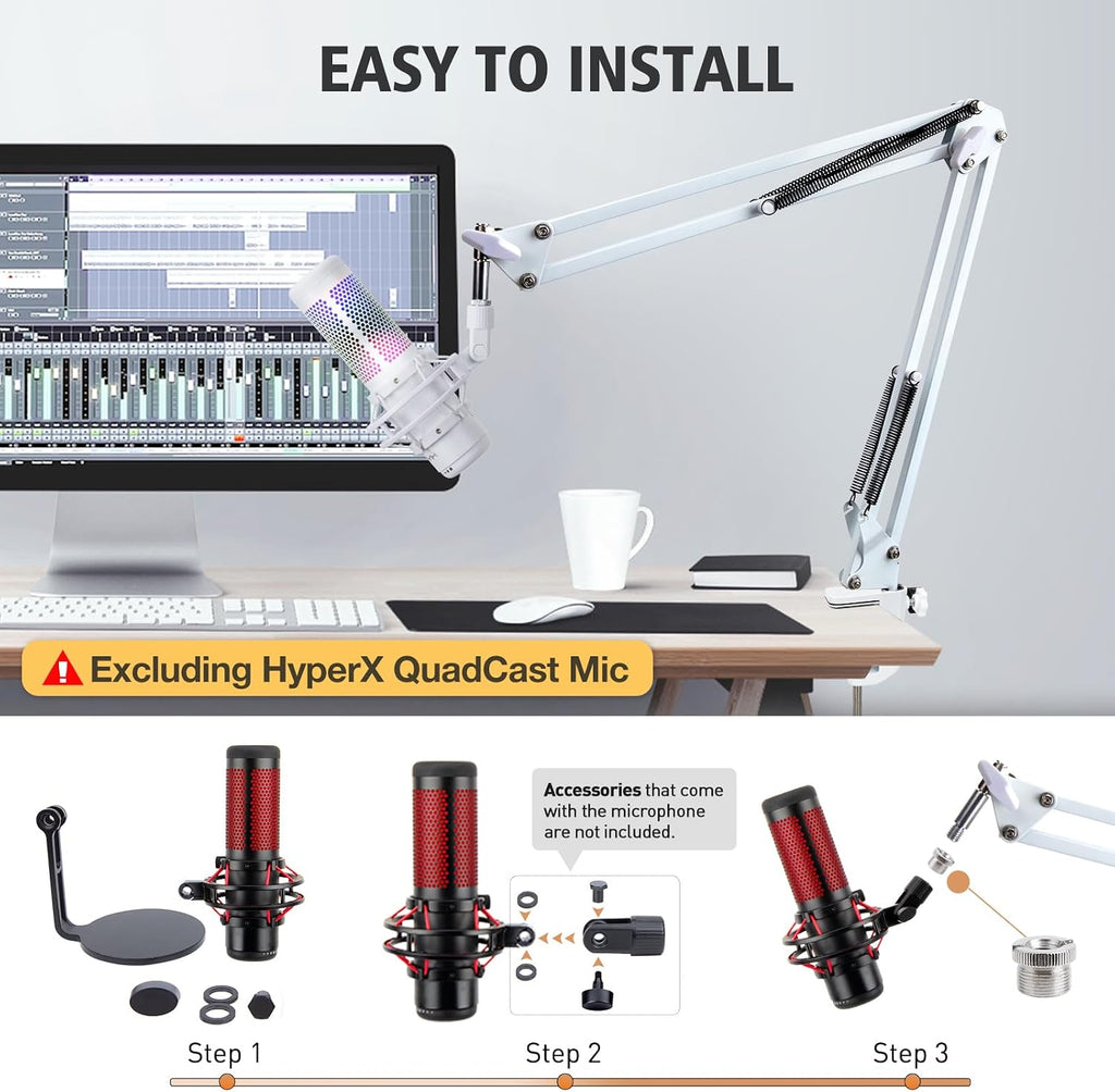 For Hyperx Quadcast S White Boom Arm - White Mic Arm Compatible with Hyper X Quadcast, Microphone Boom Arm with Pop Filter, Improve Sound Quality, Mic Boom Arm for Hyperx Quadcast by