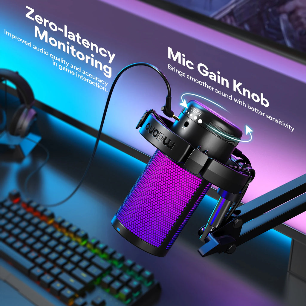 DGM20S USB Microphone Gaming Mic Condenser Mic RGB USB Mic with Mic Gain and Noise Reduction Software for Gaming Recordin