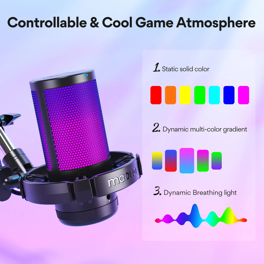 DGM20S USB Microphone Gaming Mic Condenser Mic RGB USB Mic with Mic Gain and Noise Reduction Software for Gaming Recordin