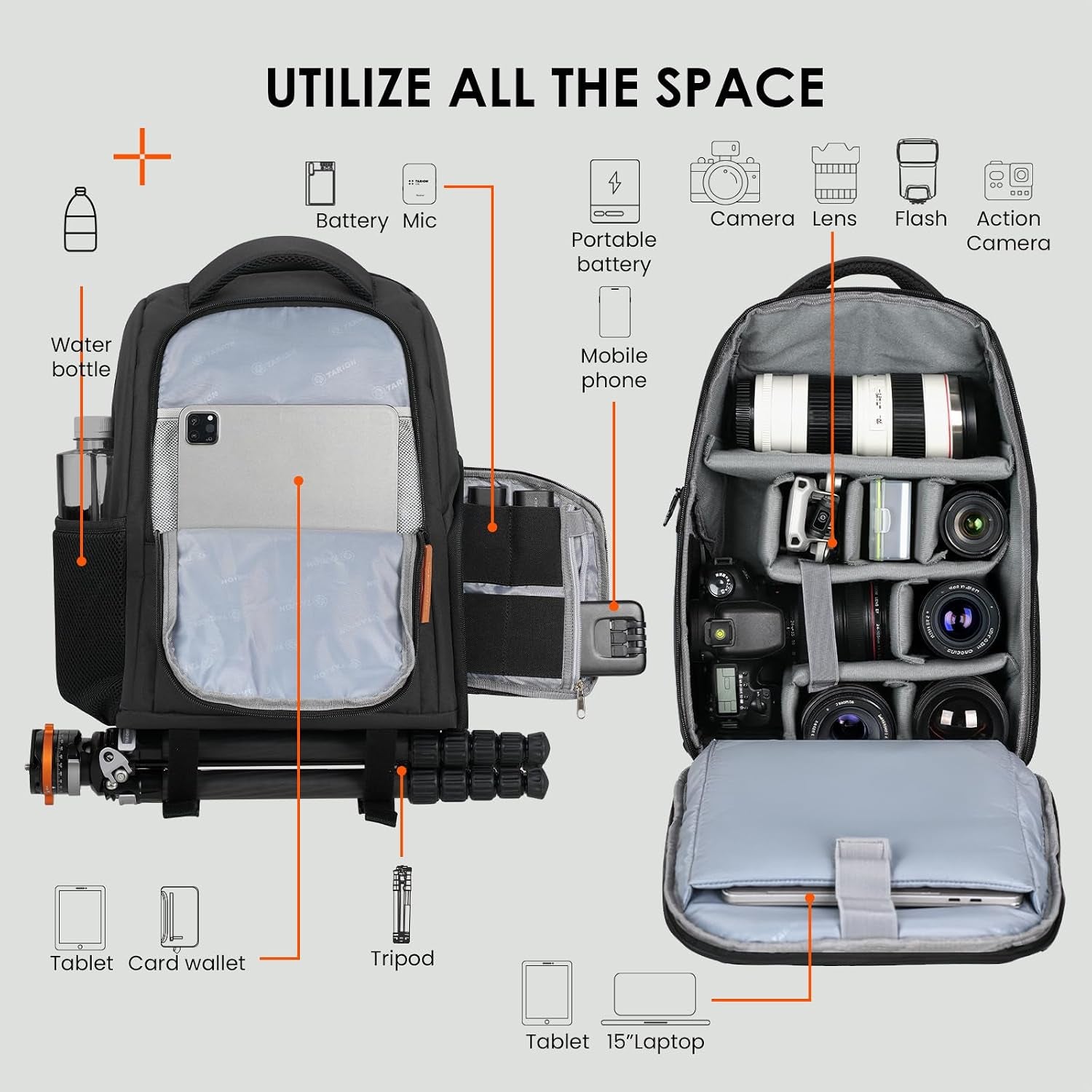 Camera Backpack for Photographers Compact 15L, TB04 Black