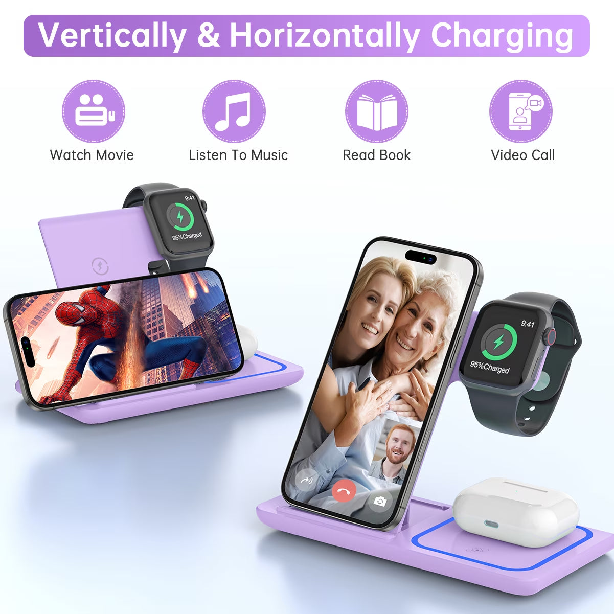 Wireless Charging Station, 3 in 1 Wireless Charger for Iphone 17/16/15/14/13/12/11/Pro/Pro Max/Xs, 18W Charging Dock for Iwatch Series 11 10 9 8 7 6 5 4 3 2, Airpods 4/3/2/Pro(Purple)